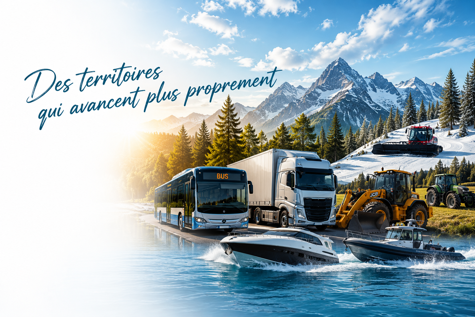 Fond montagne avec bus, camion, engin, bateau